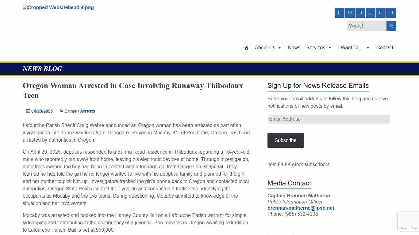 Oregon Woman Arrested in Case Involving Runaway Thibodaux Teen – Lafourche Parish Sheriff's Office